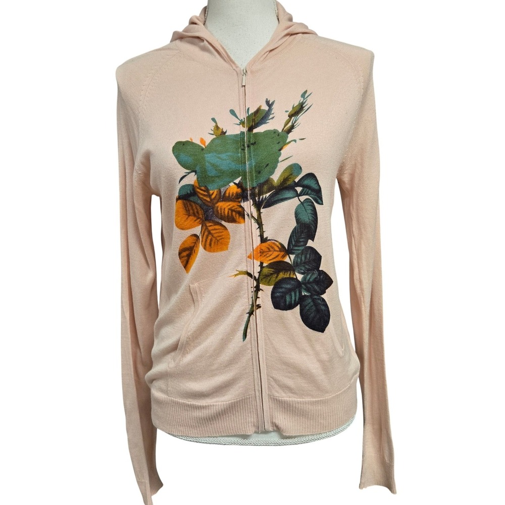BCBGMAXAZRIA Silk Cashmere Floral Zip Up Hoodie Pink Peach Women's Size XL